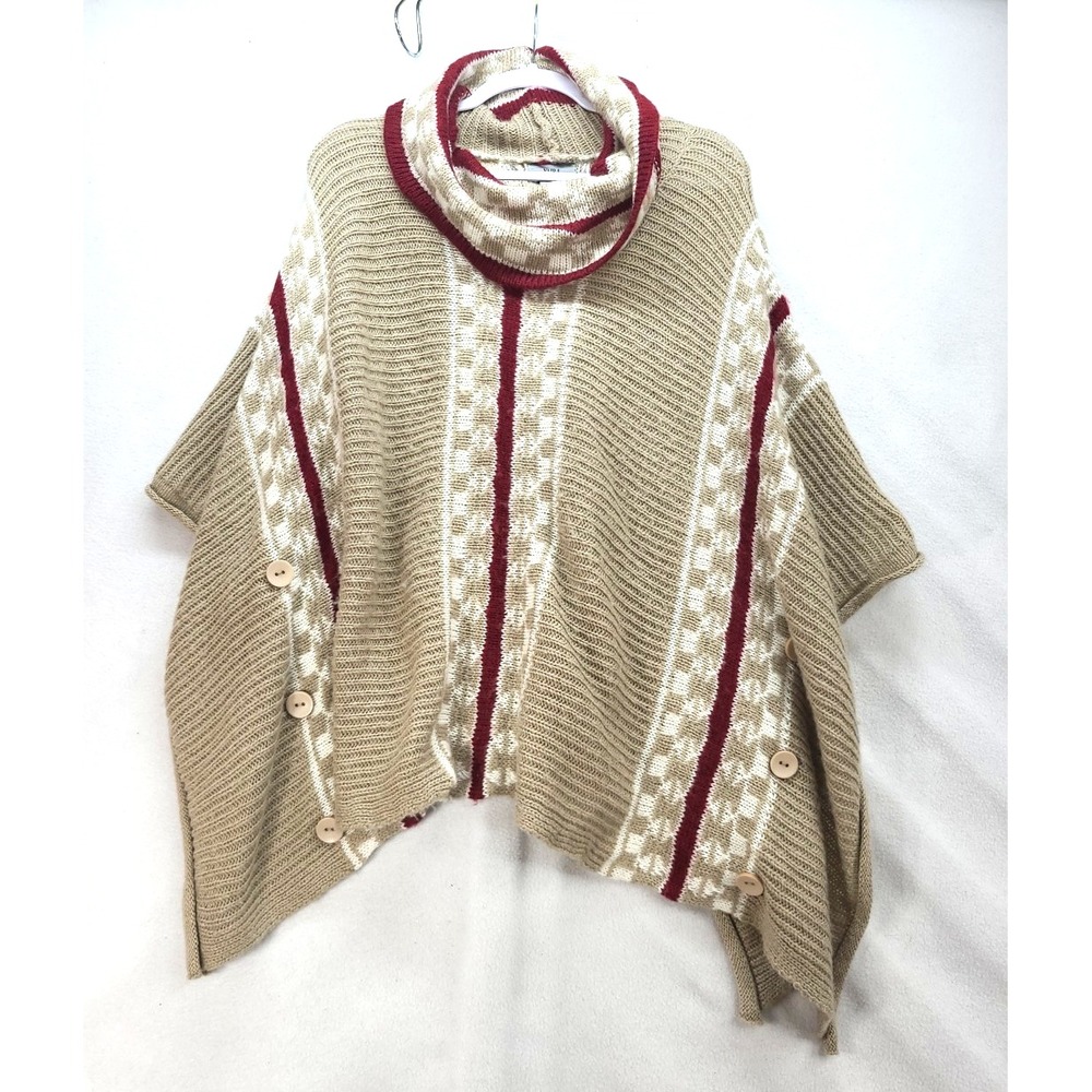 Wool Blend Tan Burgundy Geometric Pattern Cowl Neck Sweater Poncho OS Yaira‎